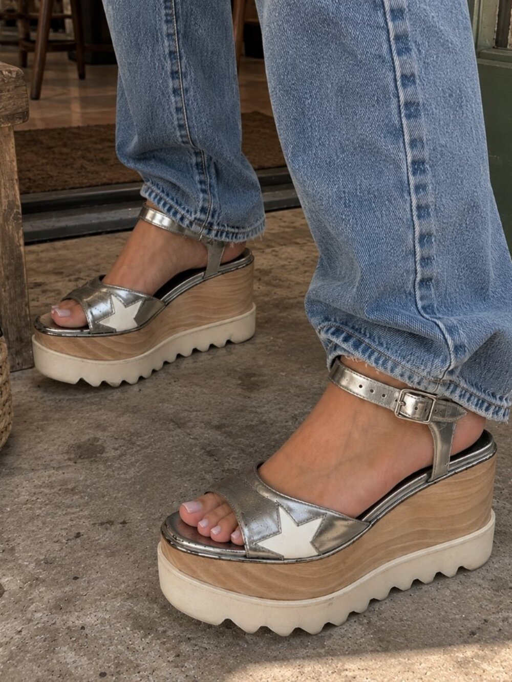 Stella McCartney Elyse Star Silver Metallic Platform Sandals Size 36.5